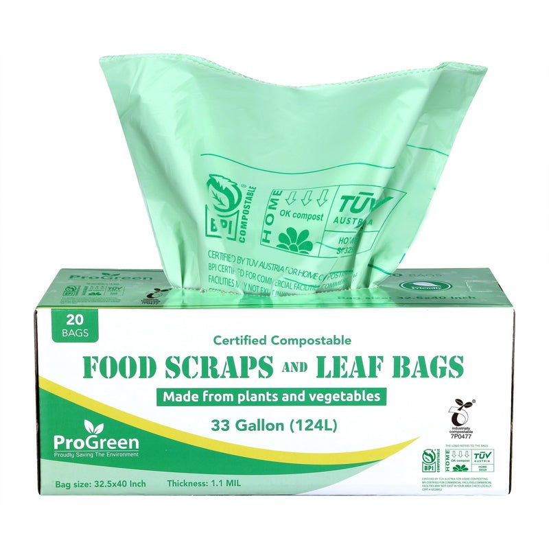 PROGREEN Compost Bags 33 Gallon Compostable Trash Bags, Extra Thick 1.1 Mil, Compost Kitchen Bin Bags, Food Scraps Yard Waste Bags, ASTM D6400 BPI & TÃœV AUSTRIA Certified - Image 1